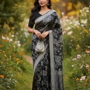 Silky chiffon gray color with floral design
